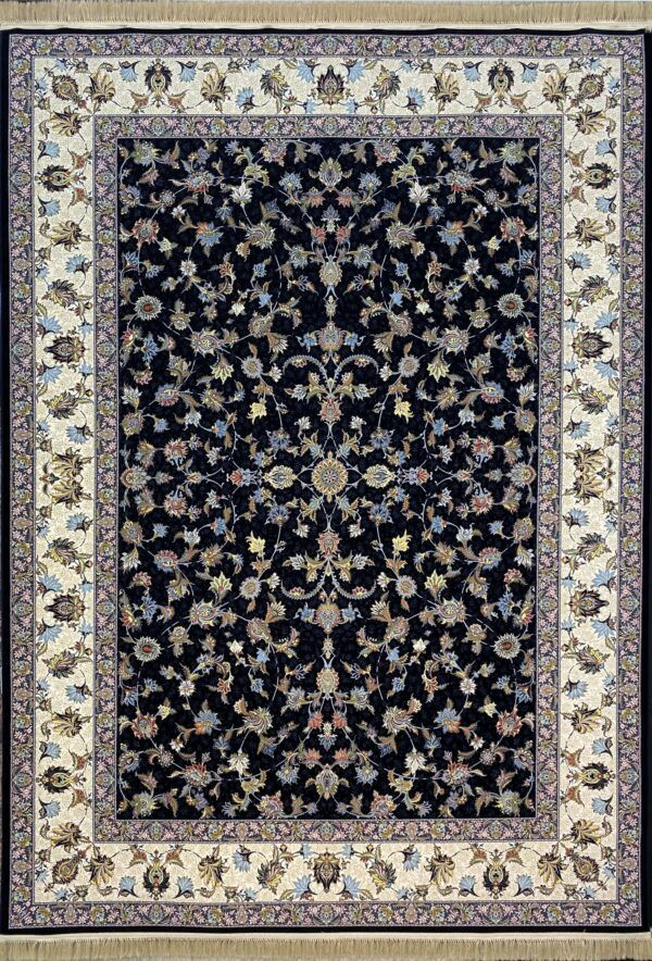 فرش کاشان 1200 شانه گلبرجسته نقشه ناز افشان سرمه ای