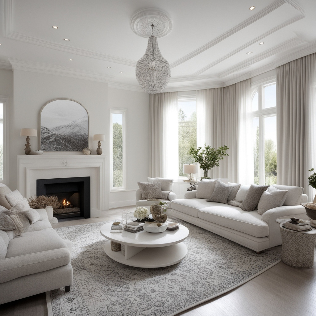 White interior decoration of the living room with a light gray Iranian carpet
