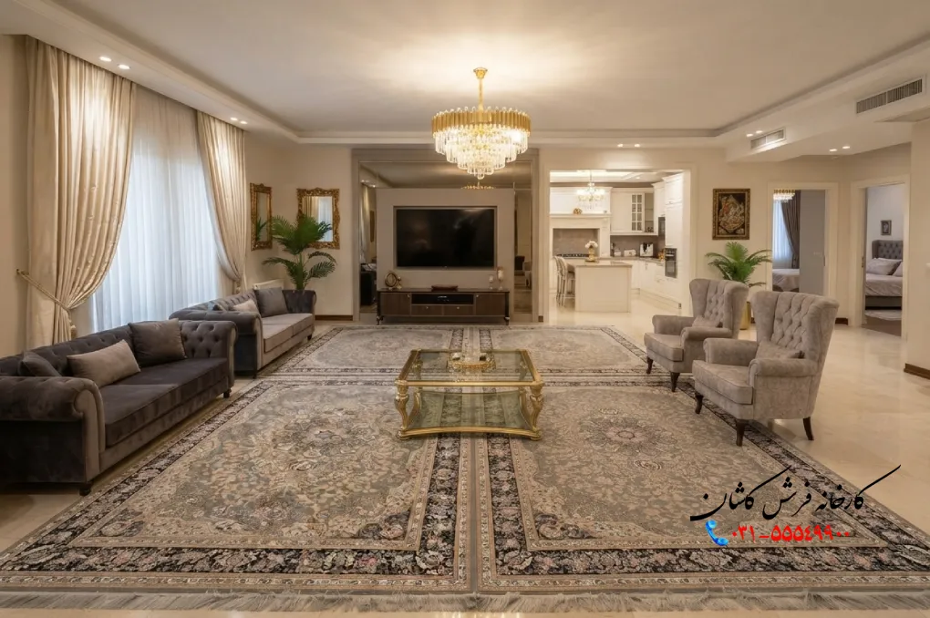 چیدمان فرش در پذیرایی مربع بزرگ
