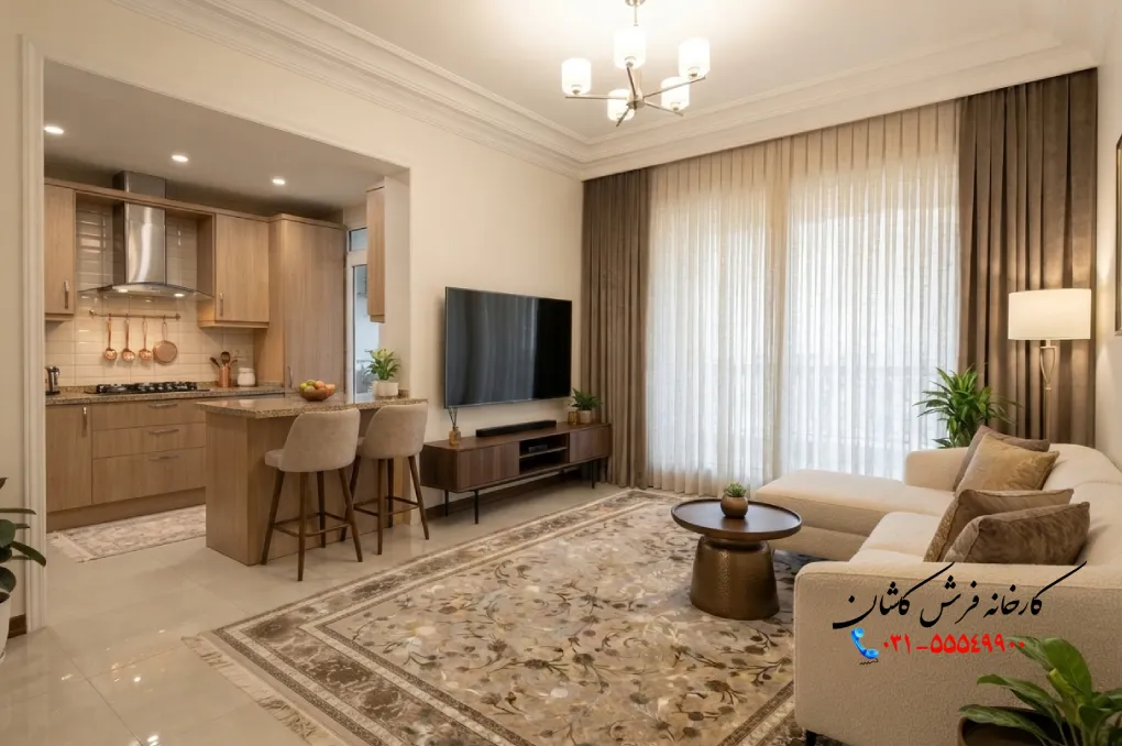 چیدمان فرش و مبل پذیرایی مربع کوچک