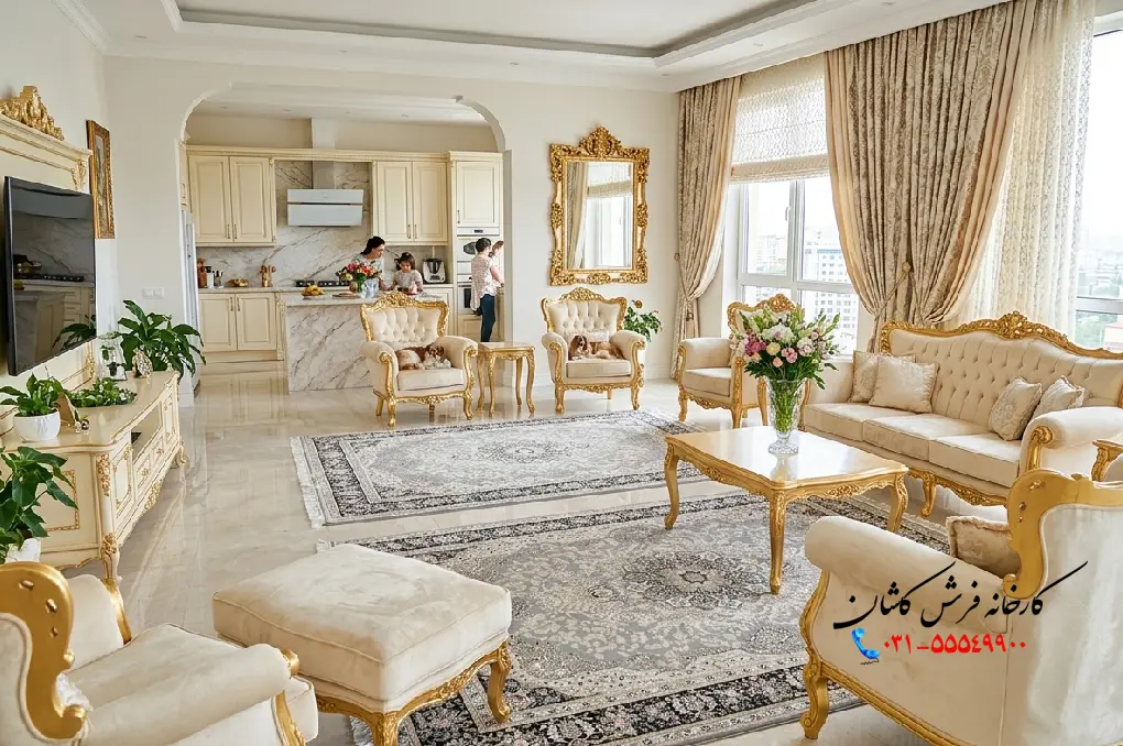 فرش طوسی و مبل کرم