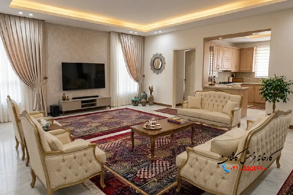 فرش قرمز و مبل کرم