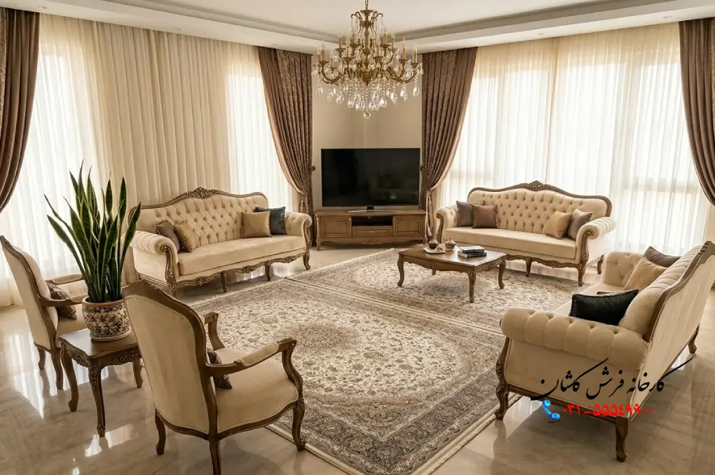 مبل کرم با فرش سفید