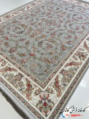 فرش افشان طوسی 1200شانه گل کندم نقره ای کاشان