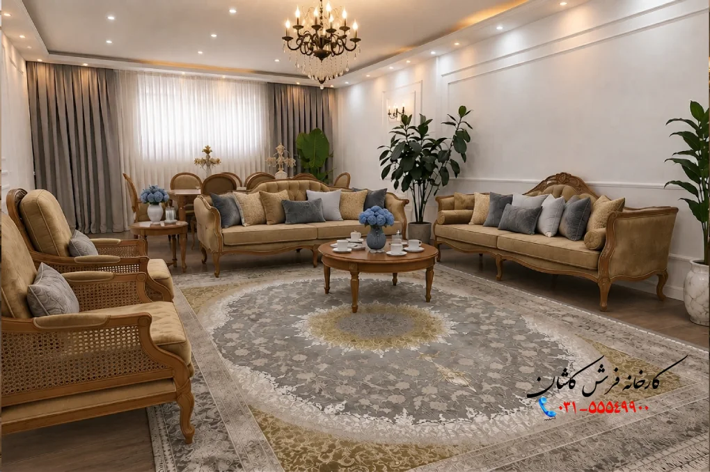 دکوراسیون و چیدمان فرش در پذیرایی مستطیل باریک