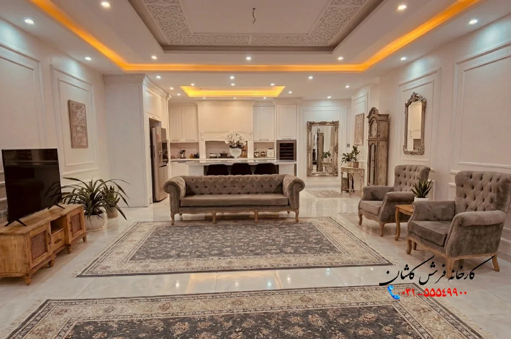 دکوراسیون و چیدمان فرش در پذیرایی مستطیل بزرگ 40متری