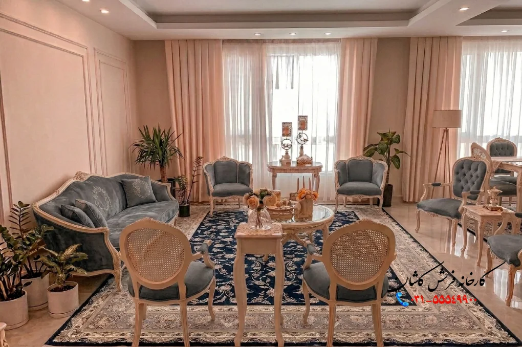 دکوراسیون و چیدکمان فرش در پذیرایی مستطیل کوچک