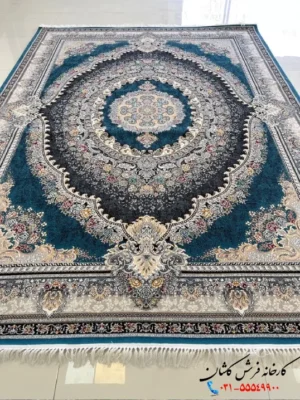 فرش ترنج دار 700شانه طرح ارمغان آبی کاشان