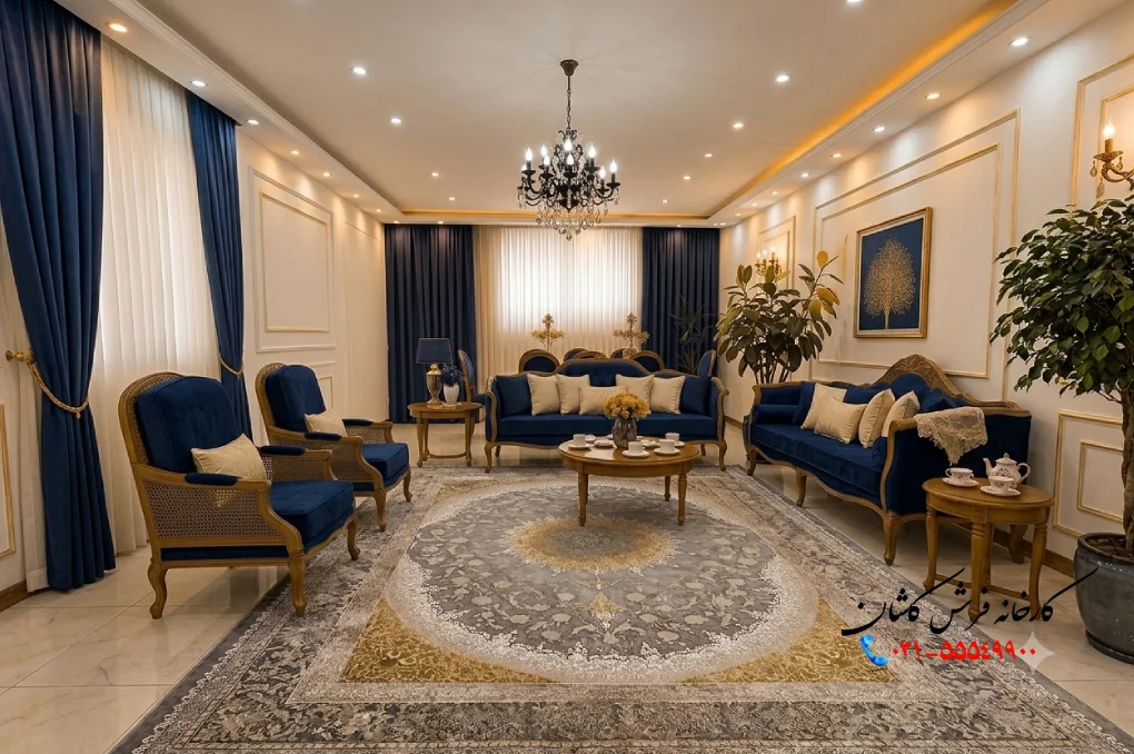 نحوه چیدمان فرش در پذیرایی مستطیل بزرگ 60 متری