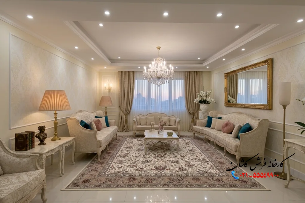 نمونه چیدمان فرش در پذیرایی مستطیل کوچک