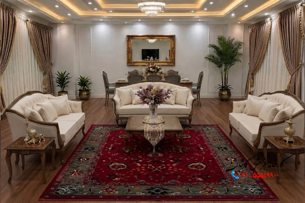 چیدمان فرش در پذیرایی مستطیل بزرگ و دراز