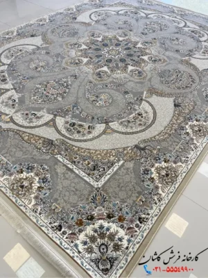 فرش 1200 شانه گل برجسته طوسی فیلی طرح همایون کاشان