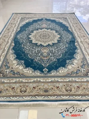 فرش آبی 1200 شانه طرح دلوین کاشان