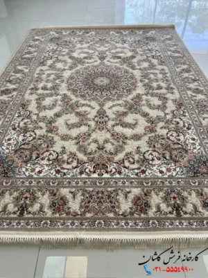 فرش ترنج دار طرح ماهان کرم 1200 شانه کاشان
