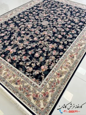 فرش طرح افشان سرمه ای 1200شانه کاشان طرح پردیس