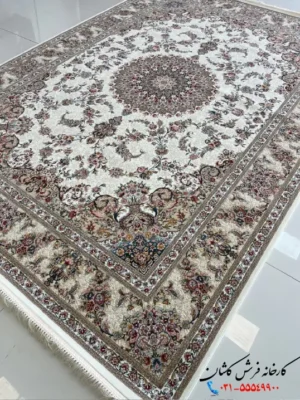 فرش سفید صدفی طرح ماهان 1200 شانه کاشان