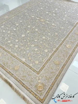 فرش طلاکوب جدید گل برجسته 1500 شانه طرح رها نقره ای کاشان
