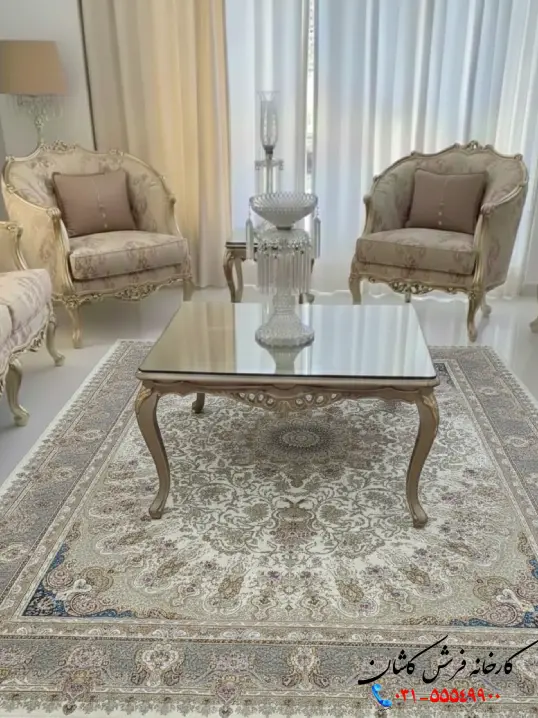 فرش 1200 شانه طلاکوب برجسته سفید طرح شهیاد کاشان
