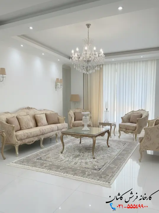 فرش 1200 شانه طلاکوب گل برجسته سفید طرح شهیاد کاشان
