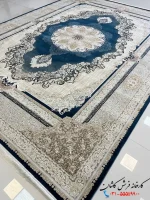 فرش سرمه ای گل برجسته 1200 شانه طرح ویکتوریا کاشان