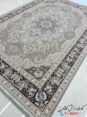 فرش نقره ای گل برجسته 1200 شانه طرح گلستان کاشان