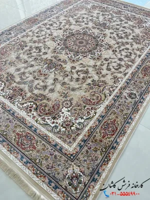 فرش کرم گل برجسته 1200 شانه طرح نیام کاشان