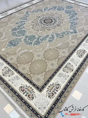 فرش ترنج دار بژ 1200شانه طرح چکاوک کاشان